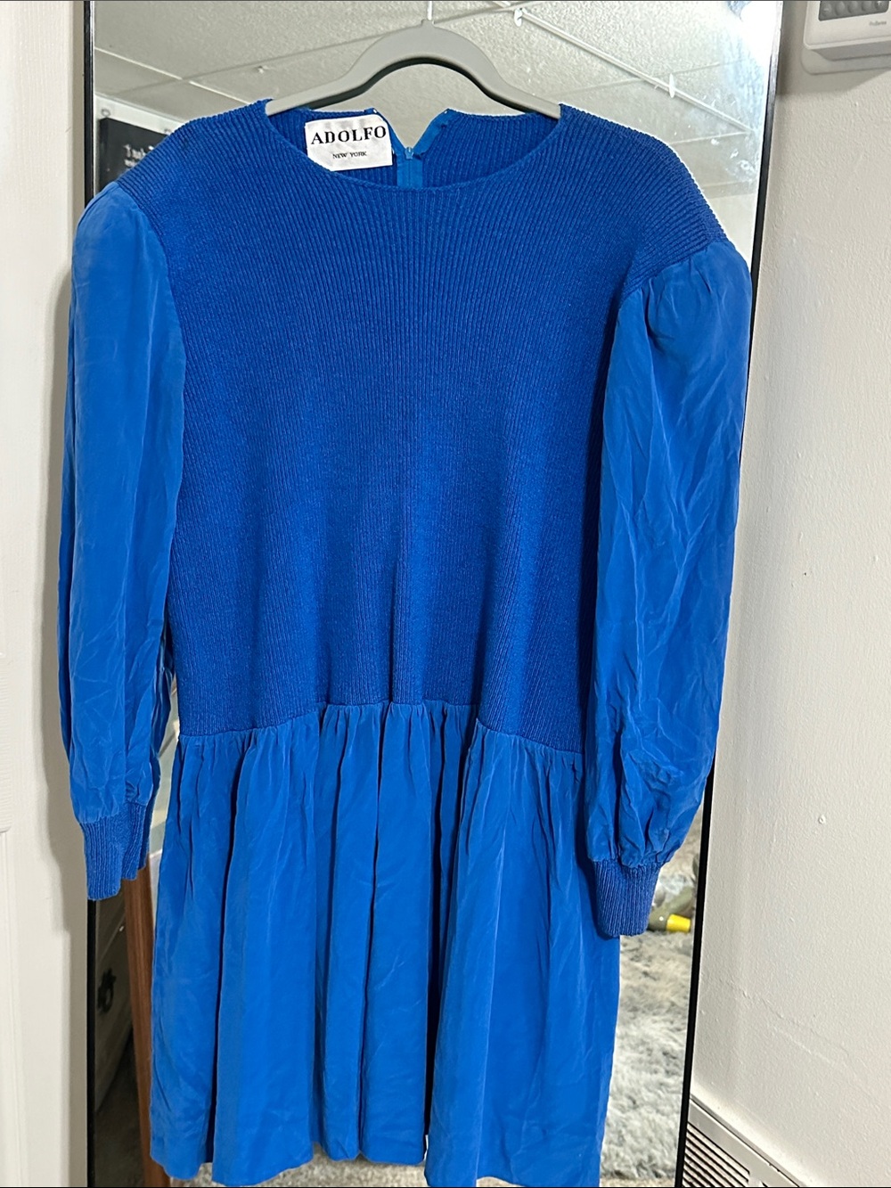 Adolfo Royal Blue Knit Bodice Dress with Puff Sleeves
